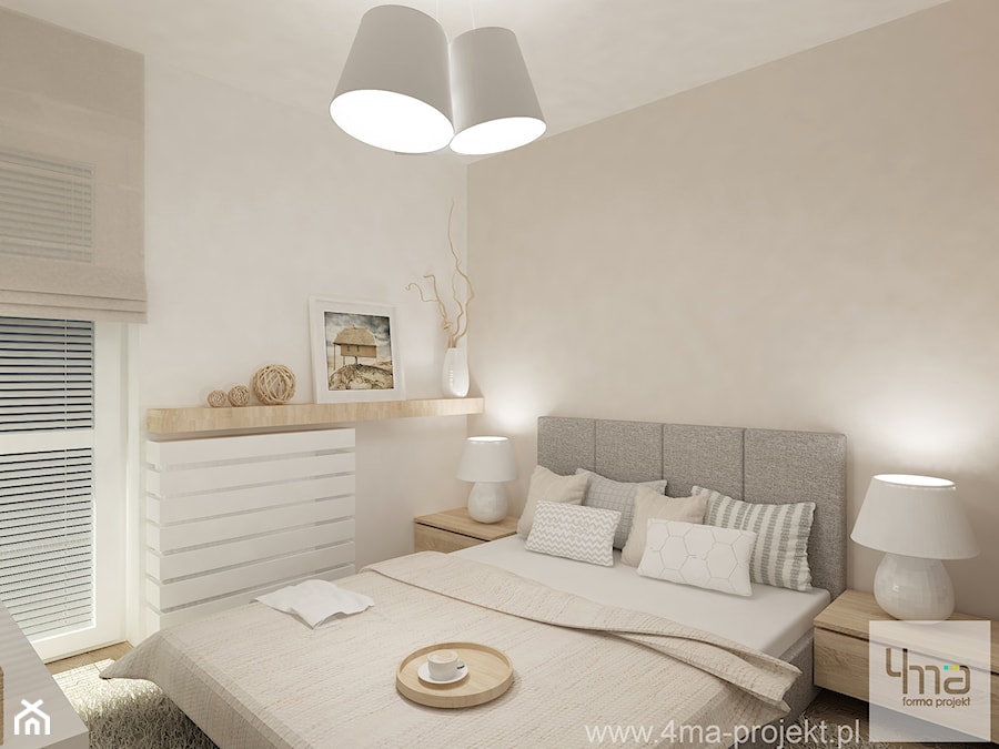 Projekt mieszkania na Bielanach o pow. 51,5 m2. - Mała średnia beżowa sypialnia z balkonem / tarasem ... - zdjęcie od 4ma projekt