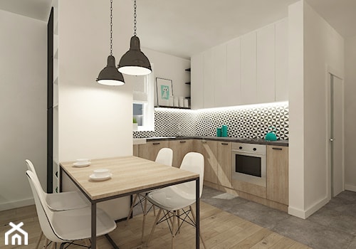 Mieszkanie 64 m2 z "loftowym" akcentem. - Średnia otwarta z zabudowaną lodówką kuchnia w kształcie litery l, styl skandynawski - zdjęcie od 4ma projekt