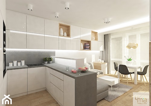 Projekt mieszkania w Pruszkowie - pow. 52,5 m2. - Mały biały salon z kuchnią z jadalnią, styl nowoczesny - zdjęcie od 4ma projekt