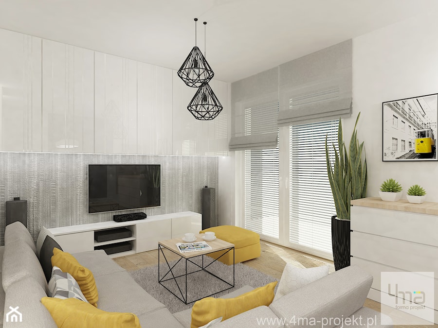 Projekt mieszkania na Bielanach o pow. 51,5 m2. - Mały biały salon z tarasem / balkonem, styl nowoczesny - zdjęcie od 4ma projekt