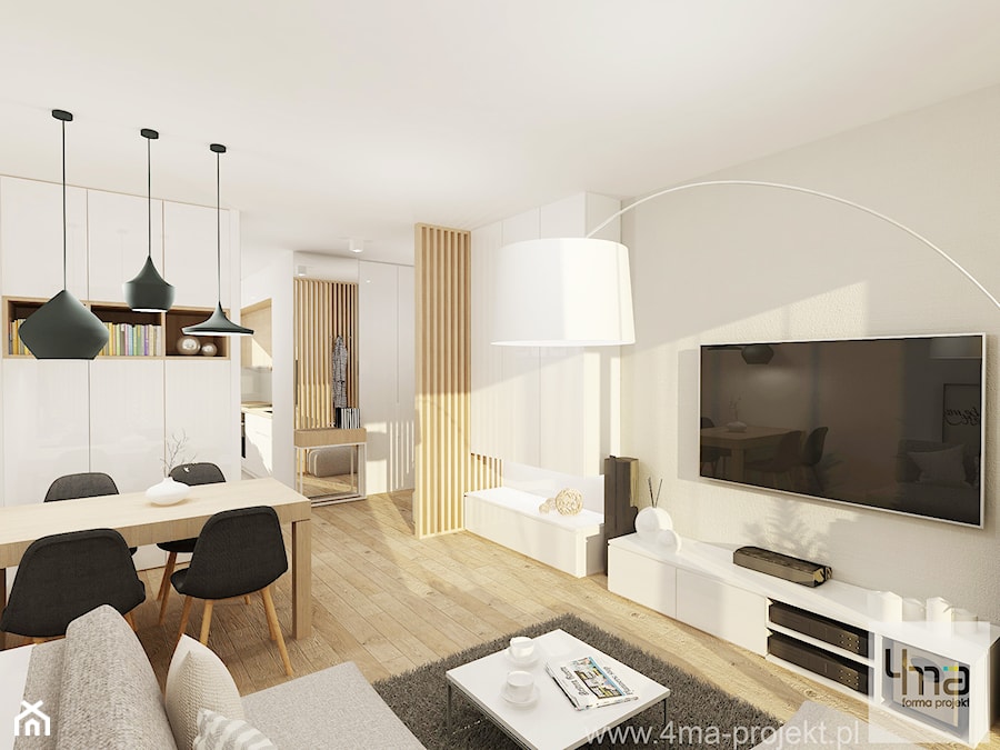 Projekt mieszkania 53 m2 na Żoliborzu - Średni biały salon z jadalnią, styl nowoczesny - zdjęcie od 4ma projekt