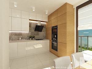 Projekt mieszkania 98 m2 w Wilanowie. - Mała otwarta z salonem biała z zabudowaną lodówką z nablatowym zlewozmywakiem kuchnia w kształcie litery l z marmurem nad blatem kuchennym, styl nowoczesny - zdjęcie od 4ma projekt