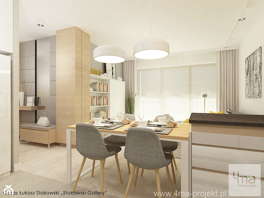 Projekt mieszkania o pow. 55,5 m2 w Wilanowie. - Średni biały szary salon z kuchnią z jadalnią, styl nowoczesny - zdjęcie od 4ma projekt