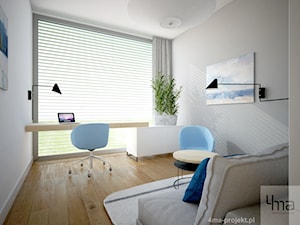 Dom 310 m2. - Średnie w osobnym pomieszczeniu z sofą z zabudowanym biurkiem szare biuro, styl nowoczesny - zdjęcie od 4ma projekt
