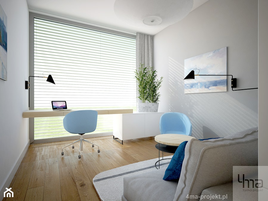 Dom 310 m2. - Średnie w osobnym pomieszczeniu z sofą z zabudowanym biurkiem szare biuro, styl nowoczesny - zdjęcie od 4ma projekt