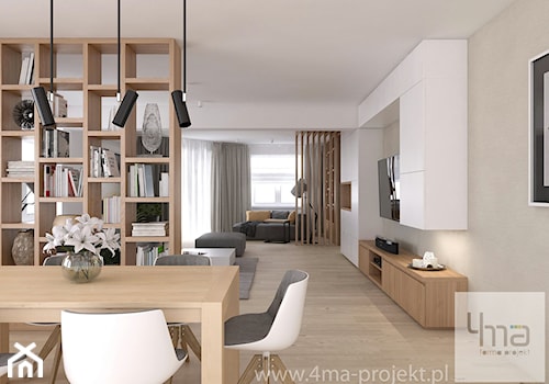 Projekt strefy dziennej o pow. 87 m2 w mieszkaniu dwupoziomowym. - Duży biały salon z jadalnią, styl nowoczesny - zdjęcie od 4ma projekt