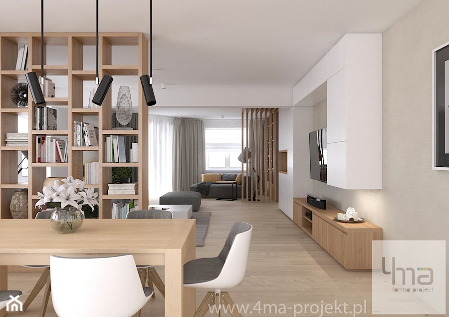 Projekt strefy dziennej o pow. 87 m2 w mieszkaniu dwupoziomowym. - Duży biały salon z jadalnią, styl nowoczesny - zdjęcie od 4ma projekt