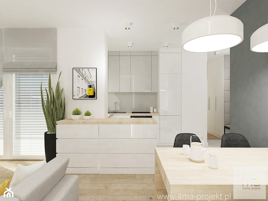 Projekt mieszkania na Bielanach o pow. 51,5 m2. - Średnia otwarta z salonem biała z zabudowaną lodówką kuchnia w kształcie litery u z wyspą lub półwyspem, styl nowoczesny - zdjęcie od 4ma projekt