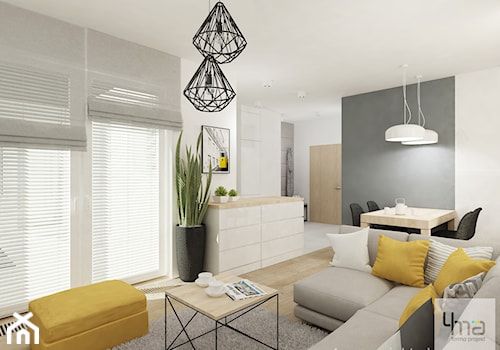 Projekt mieszkania na Bielanach o pow. 51,5 m2. - Średni biały szary salon z jadalnią, styl nowoczesny - zdjęcie od 4ma projekt