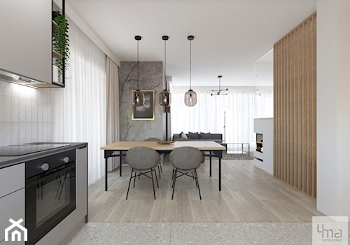 Dom w Raszynie - Średnia biała brązowa szara jadalnia w salonie w kuchni, styl nowoczesny - zdjęcie od 4ma projekt