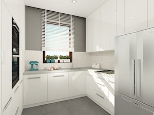 Projekt salonu z kuchnią i dwóch łazienek. Powierzchnia 52,1 m2. - Średnia zamknięta z salonem biała szara z zabudowaną lodówką z lodówką wolnostojącą z podblatowym zlewozmywakiem kuchnia w kształcie litery u z oknem, styl nowoczesny - zdjęcie od 4ma projekt