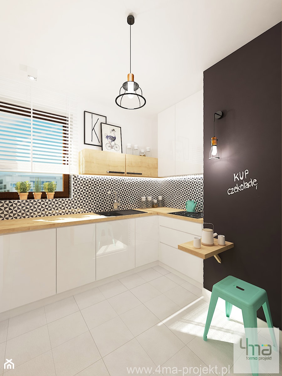 Projekt mieszkania w Wilanowie, pow. 52 m2 - Duża otwarta biała czarna z zabudowaną lodówką z podblatowym zlewozmywakiem kuchnia w kształcie litery l, styl skandynawski - zdjęcie od 4ma projekt