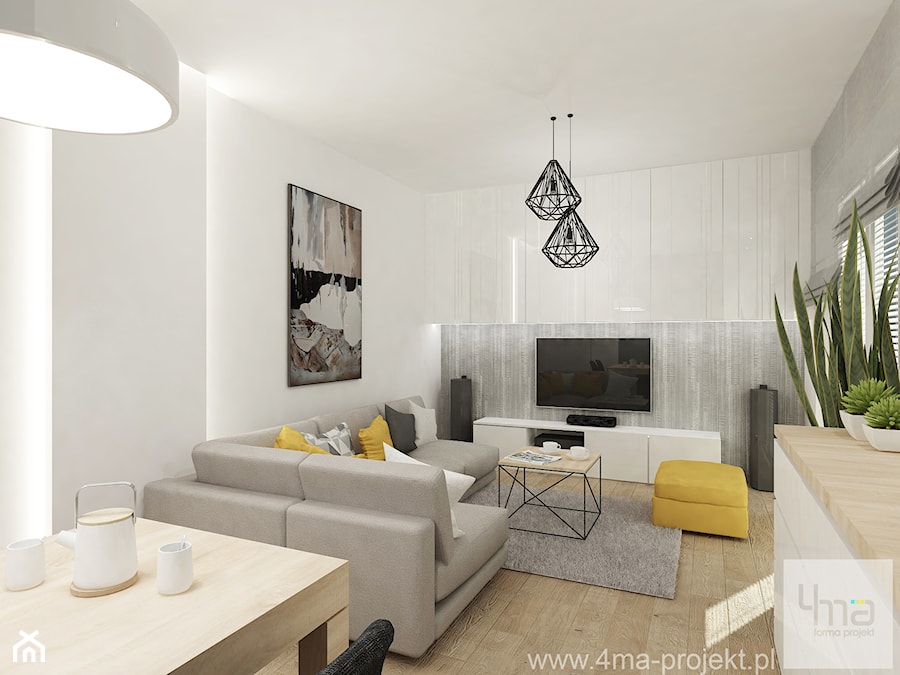 Projekt mieszkania na Bielanach o pow. 51,5 m2. - Mały średni biały salon, styl nowoczesny - zdjęcie od 4ma projekt
