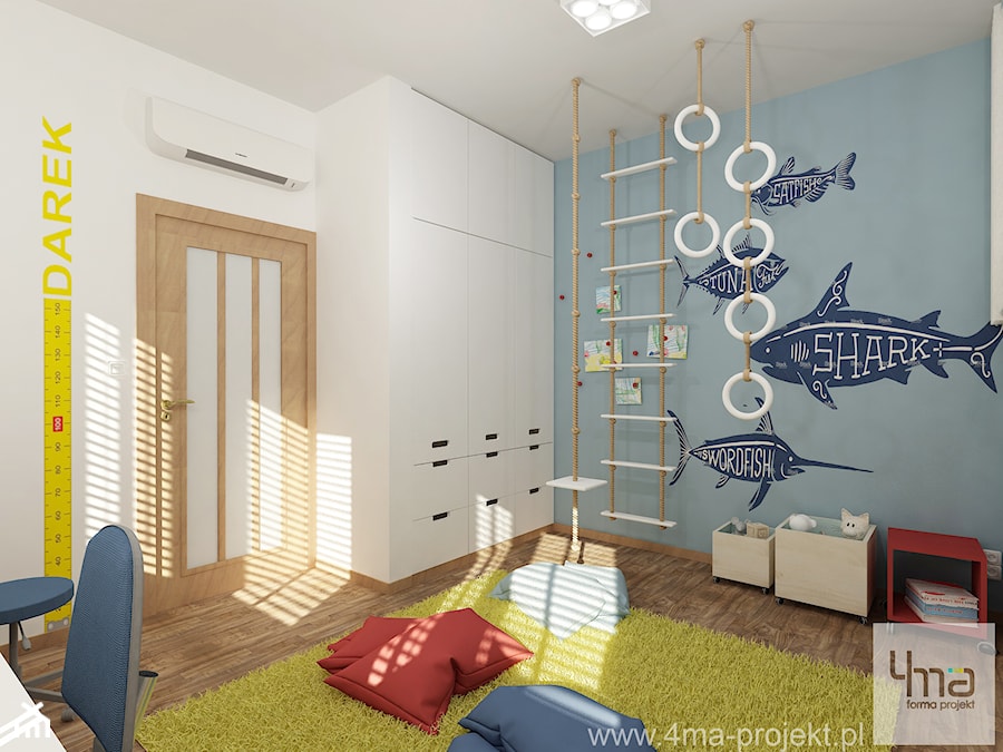 Pokoje dziecięce - Średni biały niebieski pokój dziecka dla dziecka dla nastolatka dla chłopca, styl nowoczesny - zdjęcie od 4ma projekt