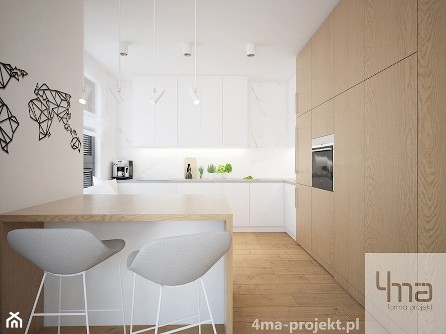 Mieszkanie 68 m2 - Średnia otwarta z salonem biała z zabudowaną lodówką kuchnia w kształcie litery l z oknem z marmurem nad blatem kuchennym, styl nowoczesny - zdjęcie od 4ma projekt