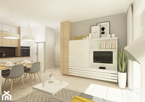 Projekt mieszkania o pow. 55,5 m2 w Wilanowie. - Mały szary salon z kuchnią z jadalnią, styl nowoczesny - zdjęcie od 4ma projekt