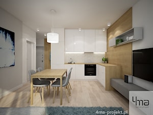 Mieszkanie 48,5 m2 - Średnia otwarta z salonem szara z zabudowaną lodówką z nablatowym zlewozmywakiem kuchnia w kształcie litery l, styl nowoczesny - zdjęcie od 4ma projekt