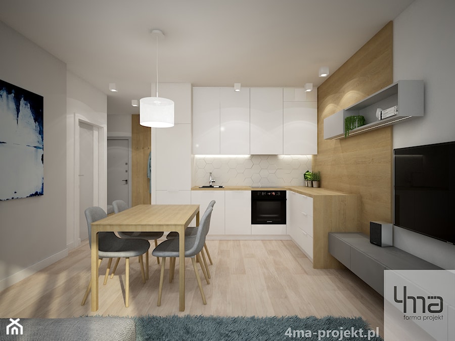 Mieszkanie 48,5 m2 - Średnia otwarta z salonem szara z zabudowaną lodówką z nablatowym zlewozmywakiem kuchnia w kształcie litery l, styl nowoczesny - zdjęcie od 4ma projekt
