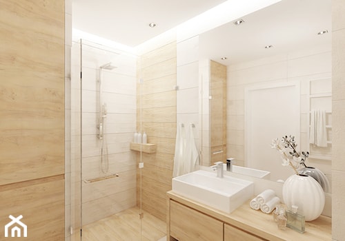 Projekt salonu z aneksem kuchennym 22 m2 i łazienki 5,2 m2. - Średnia z punktowym oświetleniem łazienka, styl nowoczesny - zdjęcie od 4ma projekt