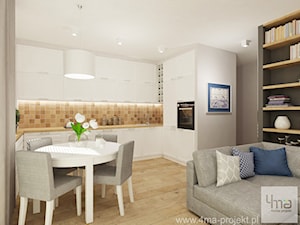 Projekt salonu z aneksem kuchennym 22 m2 i łazienki 5,2 m2. - Średnia z salonem beżowa z zabudowaną lodówką z podblatowym zlewozmywakiem kuchnia w kształcie litery u, styl skandynawski - zdjęcie od 4ma projekt