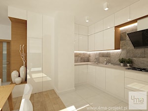Projekt mieszkania 98 m2 w Wilanowie. - Duża otwarta beżowa z zabudowaną lodówką kuchnia w kształcie litery l, styl nowoczesny - zdjęcie od 4ma projekt
