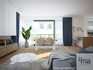 Mieszkanie 68 m2 - Duży biały salon z kuchnią z jadalnią z tarasem / balkonem z bibiloteczką, styl nowoczesny - zdjęcie od 4ma projekt