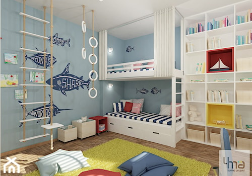 Pokoje dziecięce - Średni niebieski pokój dziecka dla dziecka dla nastolatka dla chłopca dla dziewczynki dla rodzeństwa, styl nowoczesny - zdjęcie od 4ma projekt