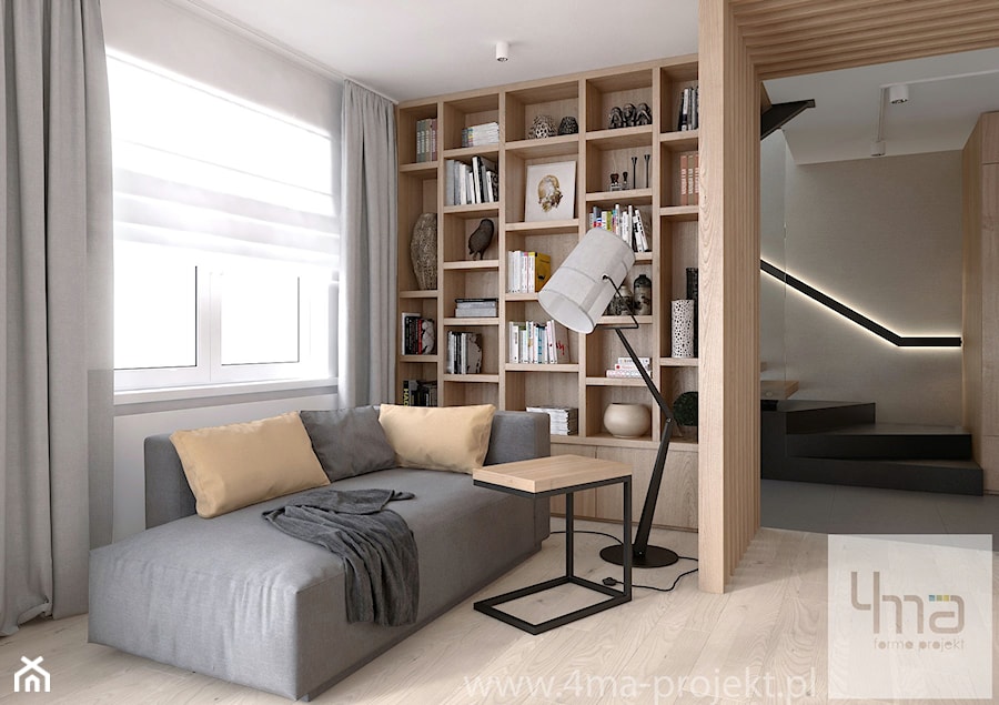 Projekt strefy dziennej o pow. 87 m2 w mieszkaniu dwupoziomowym. - Mały biały salon, styl nowoczesny - zdjęcie od 4ma projekt
