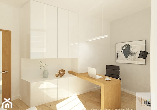 Projekt mieszkania 98 m2 w Wilanowie. - Średnie w osobnym pomieszczeniu z zabudowanym biurkiem szare biuro, styl nowoczesny - zdjęcie od 4ma projekt
