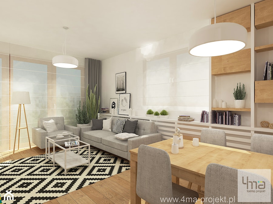 Projekt mieszkania w Wilanowie, pow. 52 m2 - Średni biały salon z jadalnią, styl skandynawski - zdjęcie od 4ma projekt