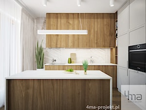 Mieszkanie 128 m2 - Gocławek - Średnia otwarta z salonem beżowa biała z zabudowaną lodówką kuchnia w kształcie litery l z wyspą lub półwyspem z oknem, styl nowoczesny - zdjęcie od 4ma projekt