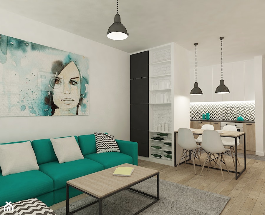 Mieszkanie 64 m2 z "loftowym" akcentem. - Średni biały salon z kuchnią z jadalnią, styl skandynawski - zdjęcie od 4ma projekt