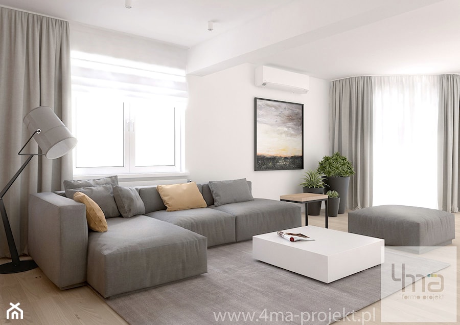 Projekt strefy dziennej o pow. 87 m2 w mieszkaniu dwupoziomowym. - Średni biały salon, styl nowoczesny - zdjęcie od 4ma projekt