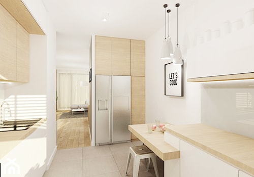 Projekt mieszkania 53 m2 na Żoliborzu - Duża otwarta z lodówką wolnostojącą kuchnia w kształcie litery u, styl nowoczesny - zdjęcie od 4ma projekt