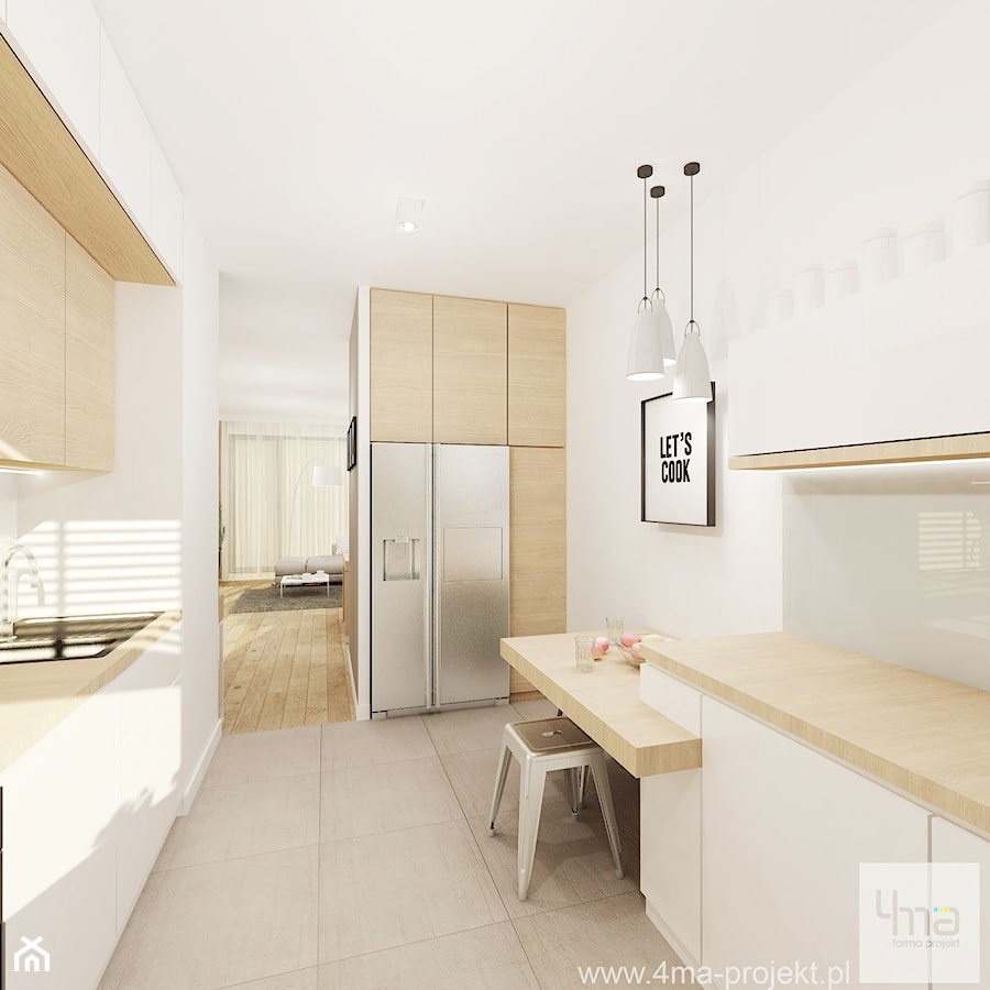 Projekt mieszkania 53 m2 na Żoliborzu - Duża otwarta z lodówką wolnostojącą kuchnia w kształcie litery u, styl nowoczesny - zdjęcie od 4ma projekt