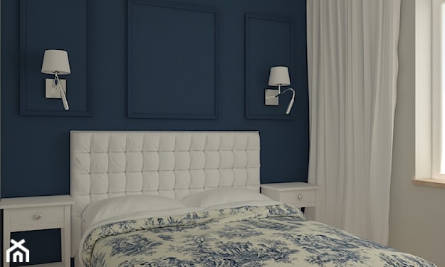 granatowa sypialnia z łóżkiem w stylu glamour