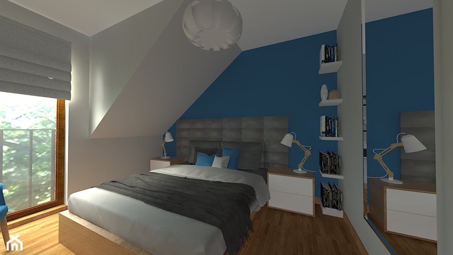 DOM W CHORZOWIE - Mała niebieska szara sypialnia na poddaszu, styl nowoczesny - zdjęcie od Architekt Anna Maj