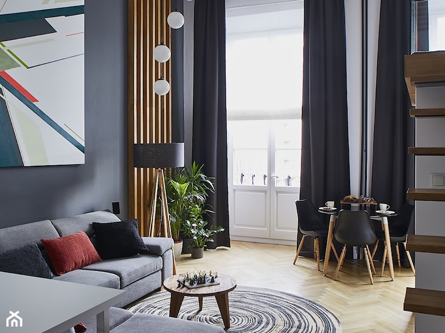 Apartament - Średni biały szary salon z jadalnią, styl nowoczesny - zdjęcie od CKkwadrat