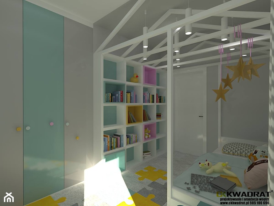Pokój dziecięcy z łazienką - Mały szary pokój dziecka dla dziecka dla chłopca dla dziewczynki, styl skandynawski - zdjęcie od CKkwadrat