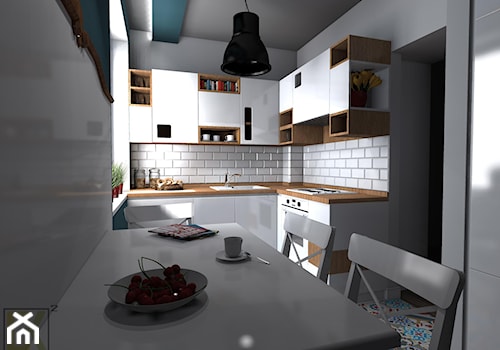 Kuchnia Warszawa Muranów - Mała otwarta z salonem biała z zabudowaną lodówką z nablatowym zlewozmywakiem kuchnia w kształcie litery l, styl skandynawski - zdjęcie od CKkwadrat