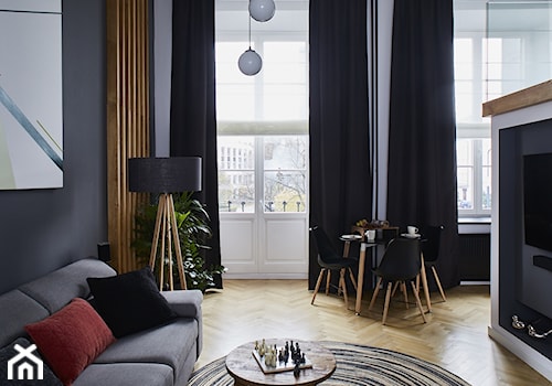 Apartament - Średni biały czarny szary salon z jadalnią, styl nowoczesny - zdjęcie od CKkwadrat