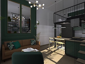Mieszkanie z Antresolą - Mały biały zielony salon z kuchnią z jadalnią z bibiloteczką, styl tradycyjny - zdjęcie od CKkwadrat