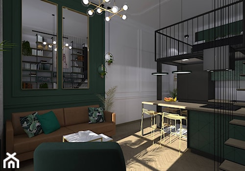 Mieszkanie z Antresolą - Mały biały zielony salon z kuchnią z jadalnią z bibiloteczką, styl tradycy ... - zdjęcie od CKkwadrat