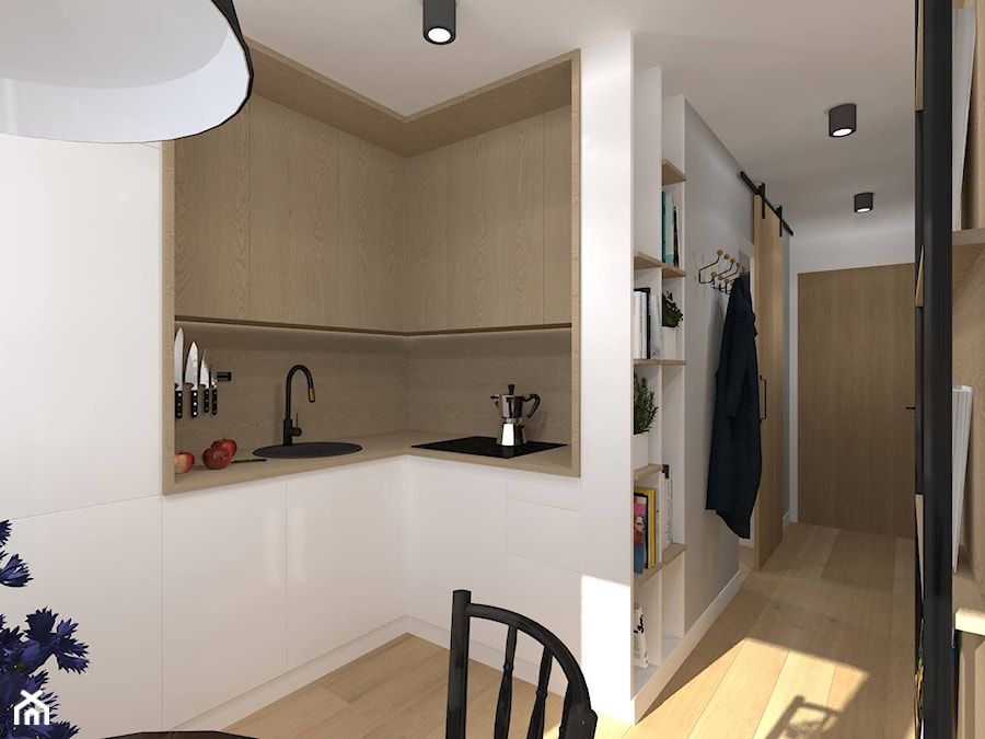 Metamorfoza Mieszkania 33 m2 - Mała otwarta biała z zabudowaną lodówką z nablatowym zlewozmywakiem kuchnia w kształcie litery l, styl nowoczesny - zdjęcie od CKkwadrat