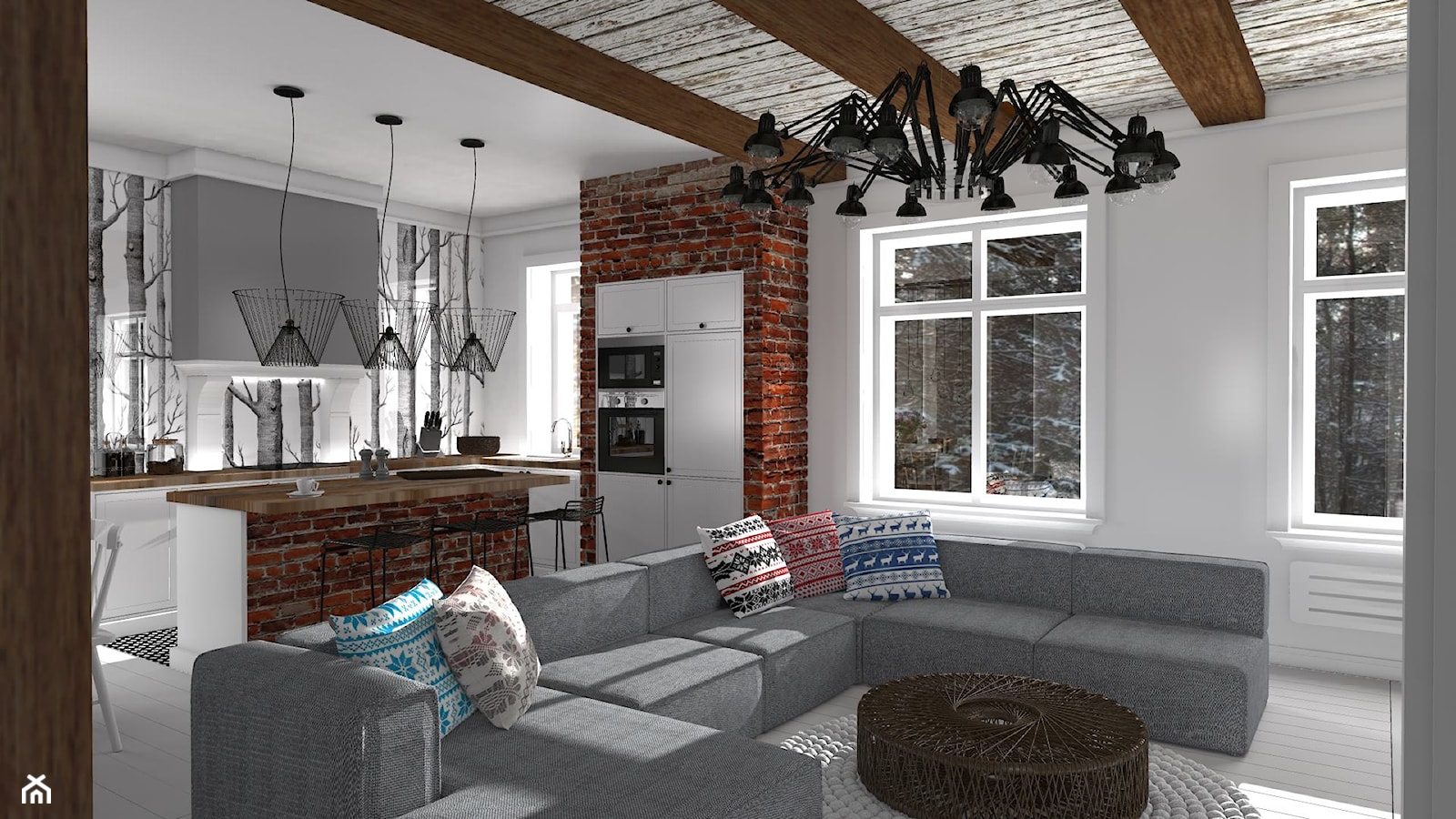 Mieszkanie prywatne Konstancin - Duży biały salon z kuchnią z jadalnią, styl skandynawski - zdjęcie od CKkwadrat - Homebook