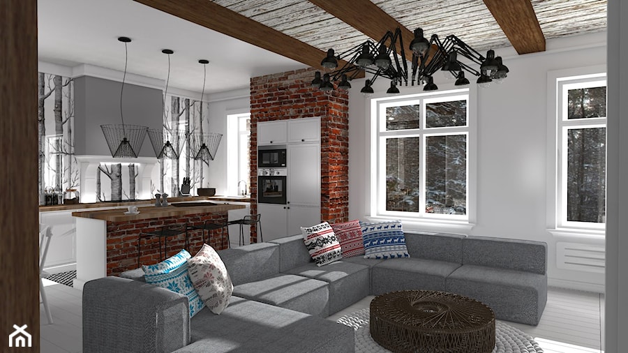 Mieszkanie prywatne Konstancin - Duży biały salon z kuchnią z jadalnią, styl skandynawski - zdjęcie od CKkwadrat