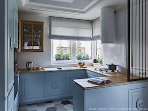 Dom - Średnia otwarta beżowa biała z zabudowaną lodówką z nablatowym zlewozmywakiem kuchnia w kształcie litery g z oknem, styl tradycyjny - zdjęcie od CKkwadrat