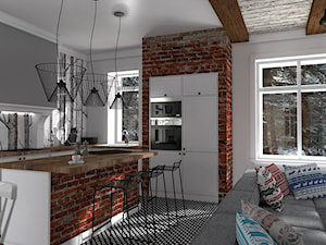 Mieszkanie prywatne Konstancin - Duża otwarta biała z zabudowaną lodówką z podblatowym zlewozmywakiem kuchnia w kształcie litery l z wyspą lub półwyspem, styl skandynawski - zdjęcie od CKkwadrat