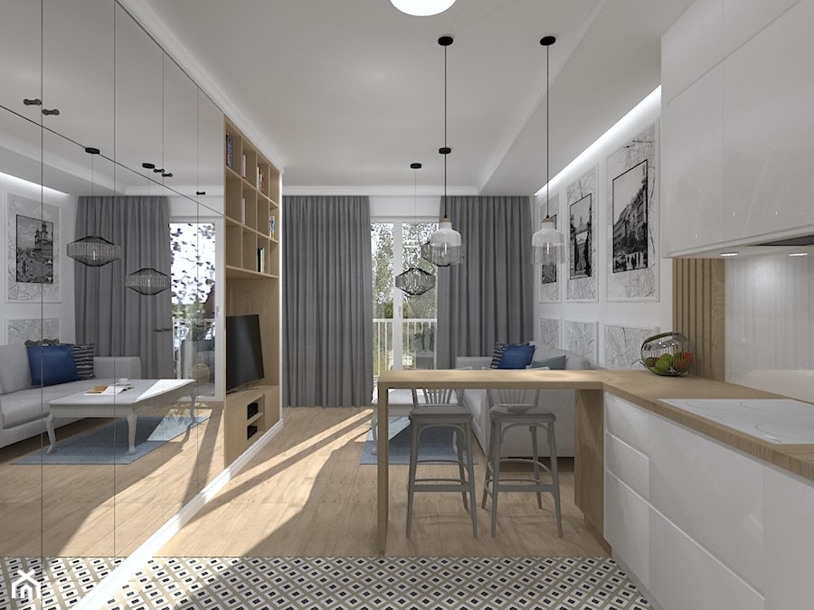 Ekskluzywna Kawalerka - Średnia otwarta z salonem biała z zabudowaną lodówką kuchnia w kształcie litery l z oknem, styl nowoczesny - zdjęcie od CKkwadrat