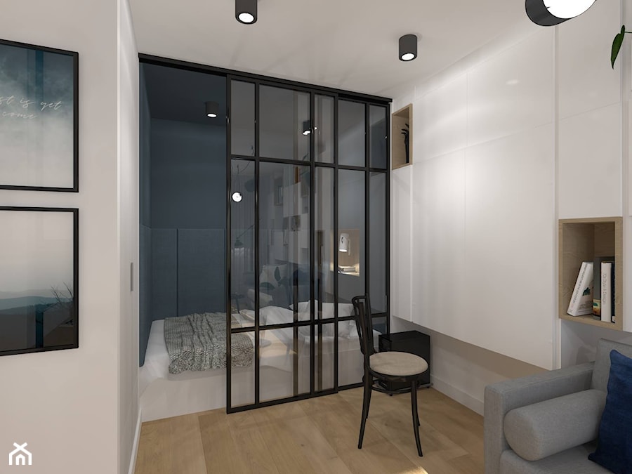 Metamorfoza Mieszkania 33 m2 - Mała biała czarna sypialnia, styl skandynawski - zdjęcie od CKkwadrat